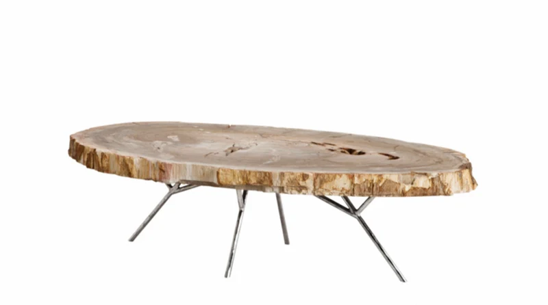 Casa Padrino Luxus Art Deco Designer Couchtisch aus versteinertem Holz - Wohnzimmer Tisch polierter Edelstahl - 110-120 x 65-85 x H. 35 cm