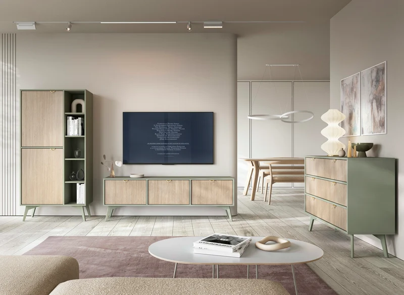 Favoria Regal mit zwei Türen 80 cm Eukalyptus/Fischgrät-Scandi mit goldenen Griffen