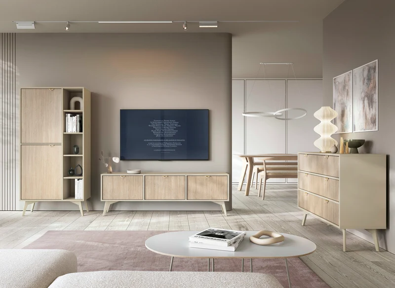 TV-Schrank Favoria 158 cm beige/Scandi Fischgrät mit goldenen Griffen