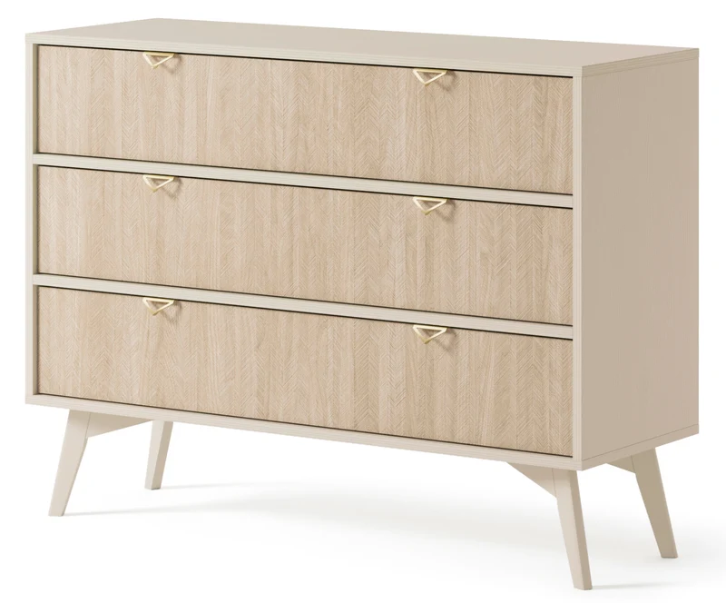 Kommode Favoria mit Schubladen 106 cm beige/Scandi Fischgrätmuster mit goldenen Griffen