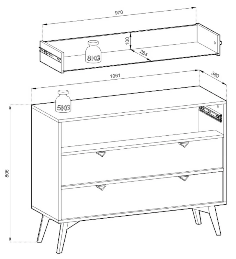 Kommode Favoria mit Schubladen 106 cm beige/Scandi Fischgrätmuster mit goldenen Griffen