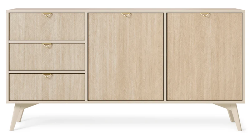 Favoria Kommode, 2-türig mit Schubladen, 158 cm, beige/Scandi Fischgrätmuster mit goldenen Griffen