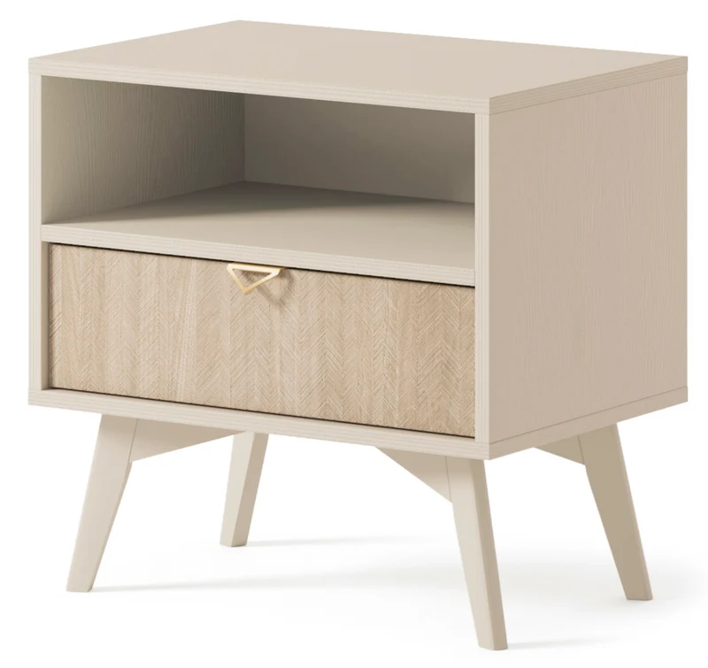 Favoria Nachttisch mit Schublade 54 cm beige/Scandi Fischgrätmuster mit goldenem Griff
