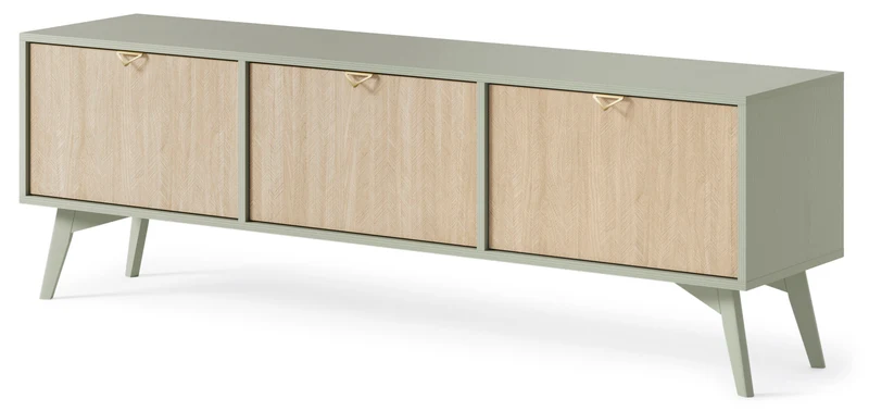 TV-Schrank Favoria 158 cm Eukalyptus/Fischgrät-Scandi mit goldenen Griffen