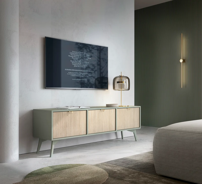 TV-Schrank Favoria 158 cm Eukalyptus/Fischgrät-Scandi mit goldenen Griffen