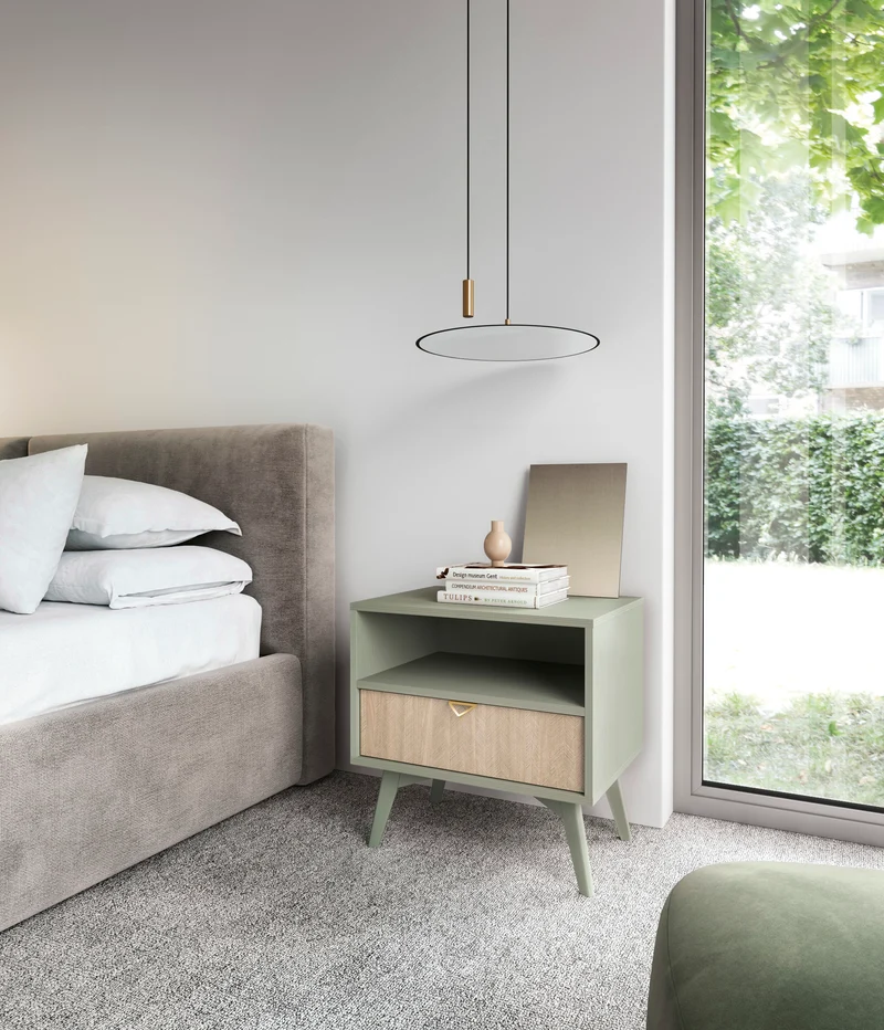 Nachttisch Favoria mit Schublade 54 cm Eukalyptus/Fischgrätmuster Scandi mit goldenem Griff