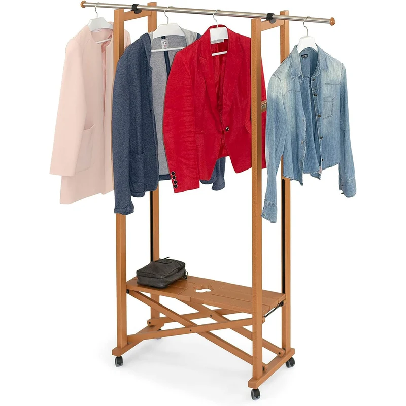 ARIT Elios – Kleiderständer aus Buchenholz auf Rollen, klappbar, ausziehbare Kleiderstange 78–140 cm, Kirschbaumfarbe, Made in Italy
