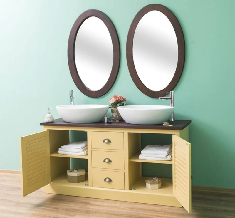 Casa Padrino Landhausstil Badezimmer Set Gelb / Dunkelbraun - 1 Doppelwaschtisch & 2 Wandspiegel - Massivholz Badezimmermöbel im Landhausstil
