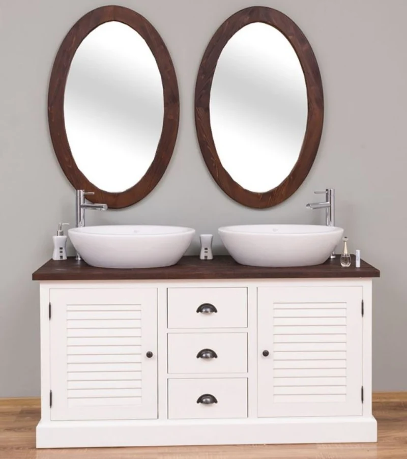 Casa Padrino Landhausstil Badezimmer Set Weiß / Dunkelbraun - 1 Doppelwaschtisch & 2 Wandspiegel - Massivholz Badezimmermöbel im Landhausstil