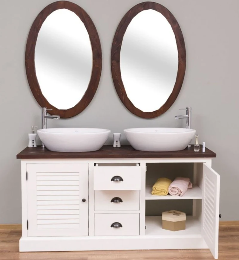 Casa Padrino Landhausstil Badezimmer Set Weiß / Dunkelbraun - 1 Doppelwaschtisch & 2 Wandspiegel - Massivholz Badezimmermöbel im Landhausstil