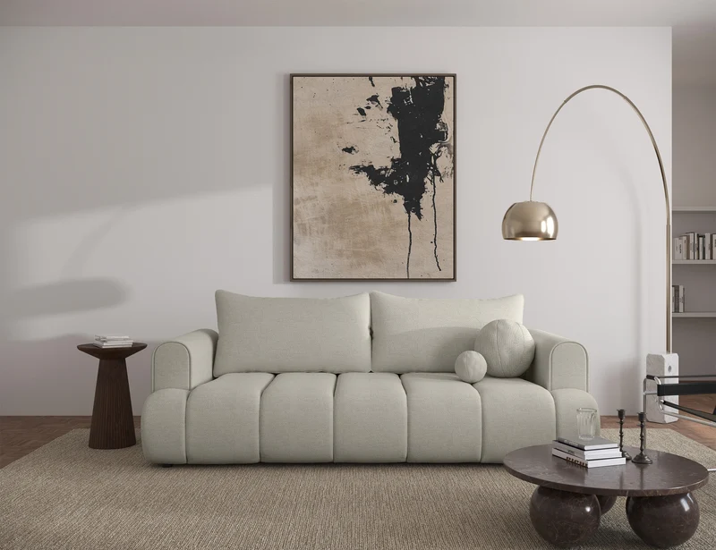 Dreisitziges Sofa Dandelino mit Schlafunktion, grau-beiger hydrophober Chenillestoff
