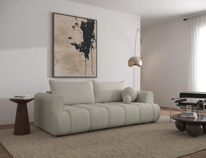 Dreisitziges Sofa Dandelino mit Schlafunktion, grau-beiger hydrophober Chenillestoff