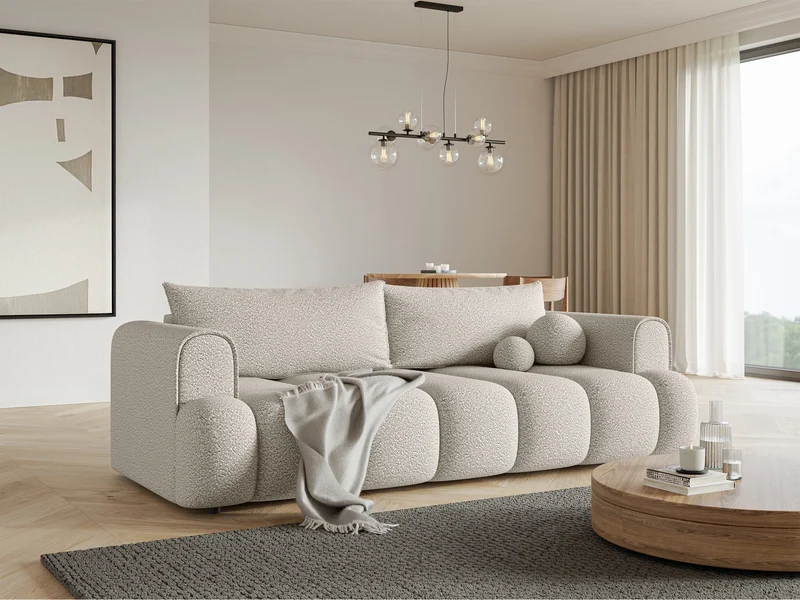 Dreisitziges Sofa Dandelino mit Schlafunktion, cremefarbenes Bouclé