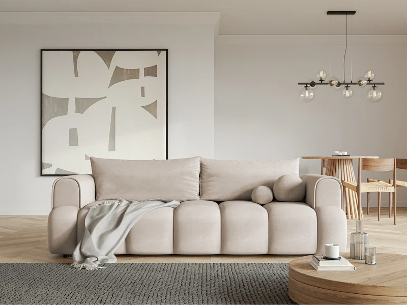 Dreisitziges Sofa Dandelino mit Schlafunktion, graubeiger Velours, wasserabweisend