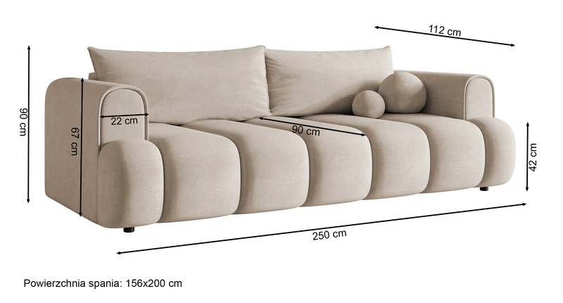 Dreisitziges Sofa Dandelino mit Schlafunktion, graubeiger Velours, wasserabweisend