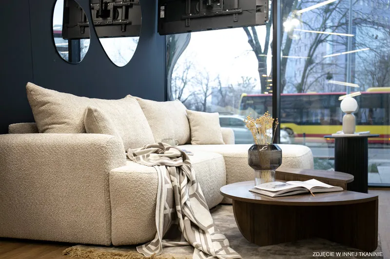 Ecksofa mit Schlafunktion Ovo L-förmig, dunkelbeige mit Stauraum, Bouclé, linksseitig