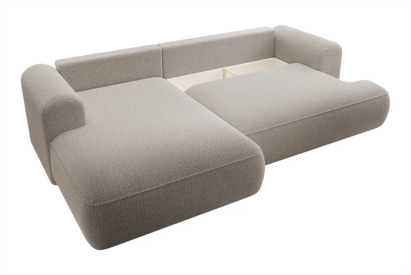 Ecksofa mit Schlafunktion Ovo L-förmig, dunkelbeige mit Stauraum, Bouclé, linksseitig