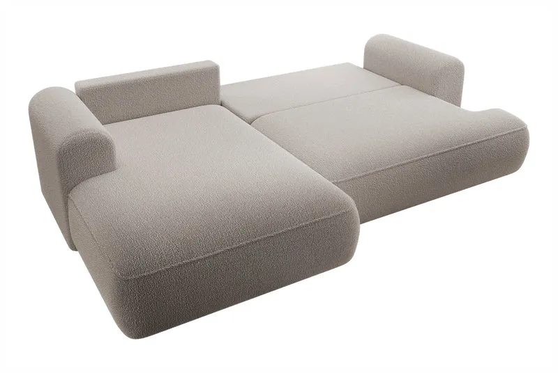 Ecksofa mit Schlafunktion Ovo L-förmig, dunkelbeige mit Stauraum, Bouclé, linksseitig