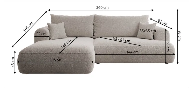 Ecksofa mit Schlafunktion Ovo L-förmig, dunkelbeige mit Stauraum, Bouclé, linksseitig
