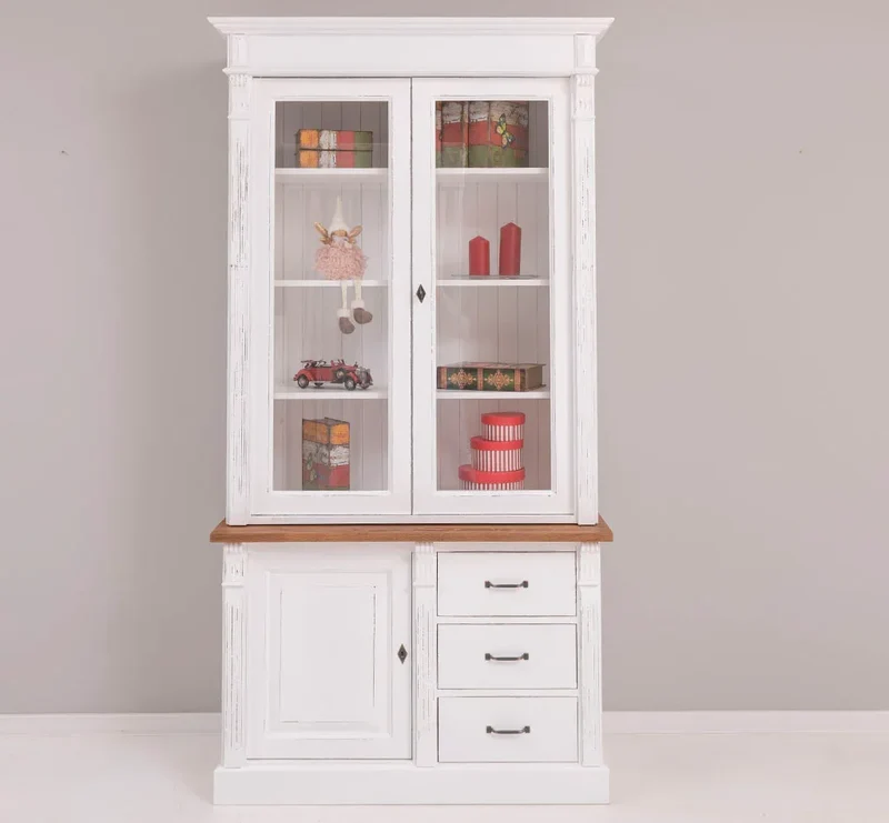 Vintage Vitrine aus Massivholz mit Ornamenten - Deckplatte Eiche