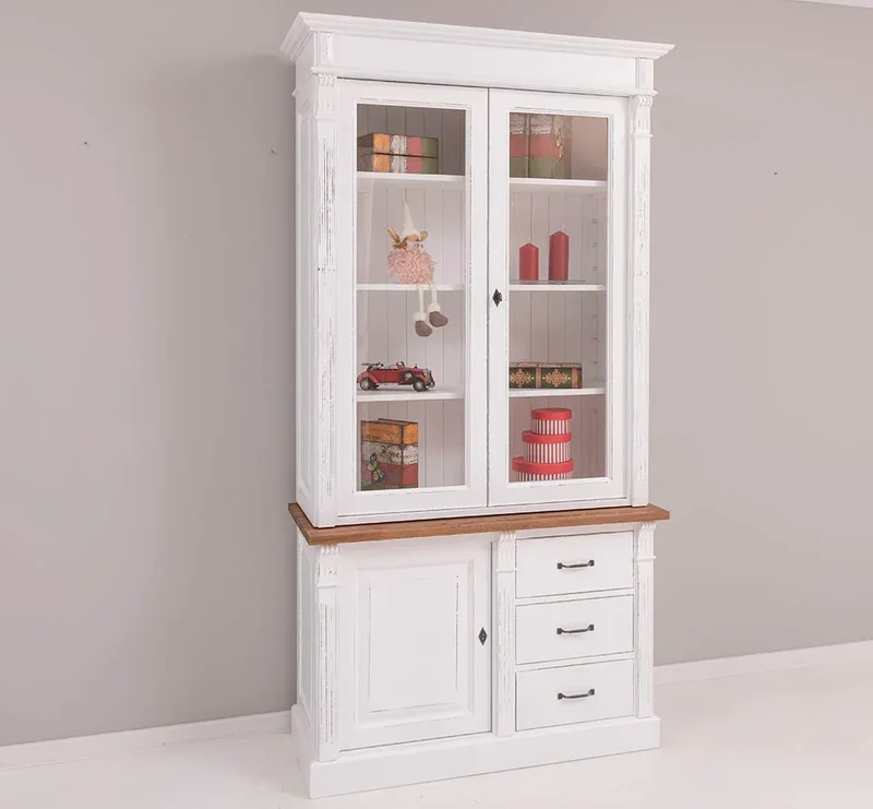 Vintage Vitrine aus Massivholz mit Ornamenten - Deckplatte Eiche