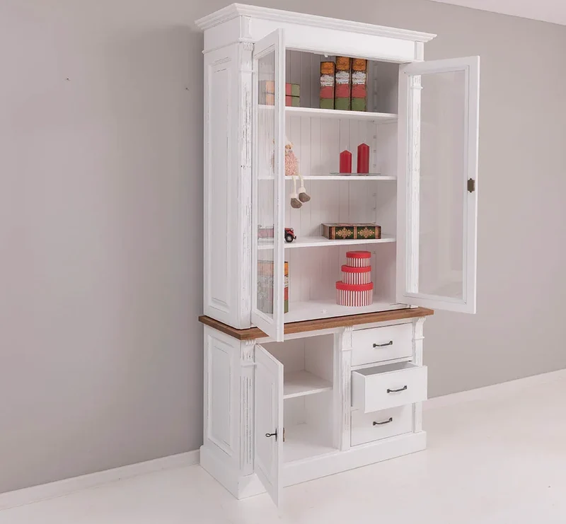 Vintage Vitrine aus Massivholz mit Ornamenten - Deckplatte Eiche