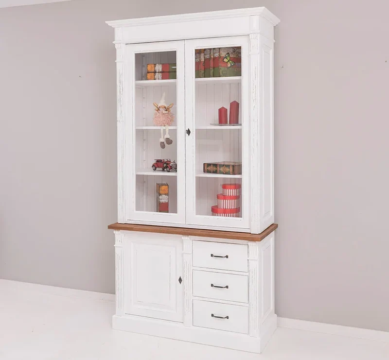 Vintage Vitrine aus Massivholz mit Ornamenten - Deckplatte Eiche