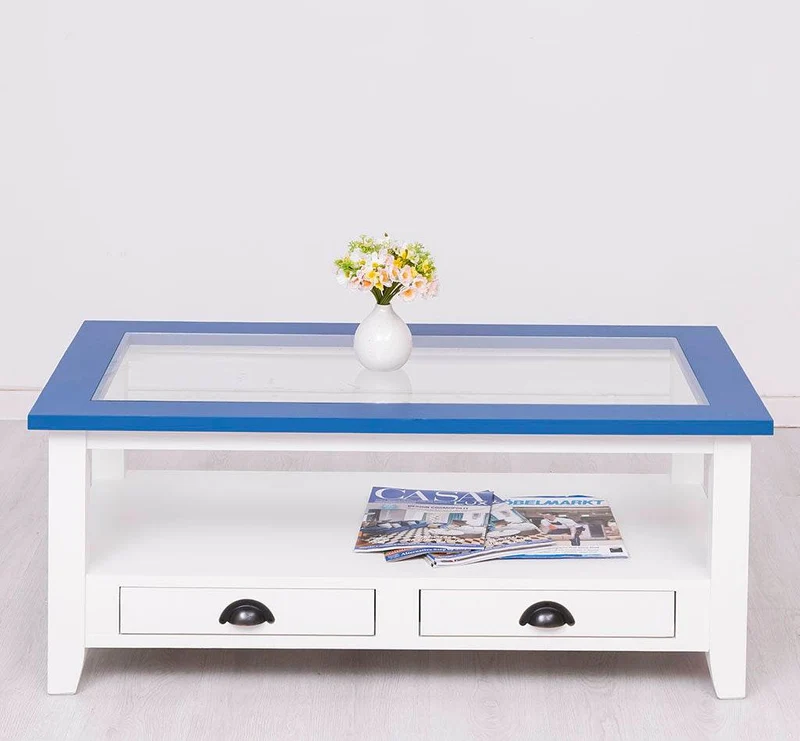 Glas-Couchtisch aus Massivholz mit zwei Schubladen