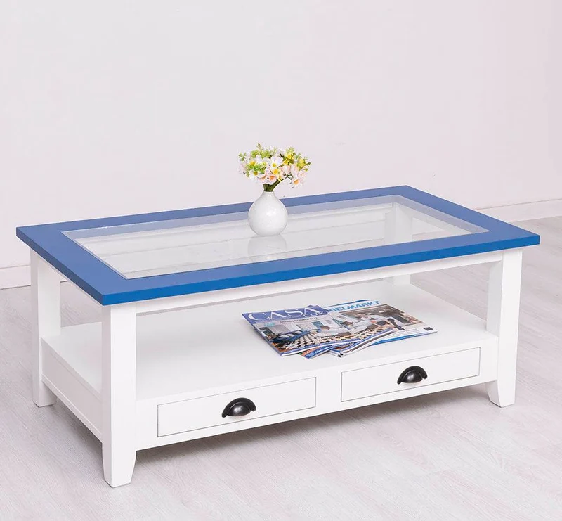 Glas-Couchtisch aus Massivholz mit zwei Schubladen
