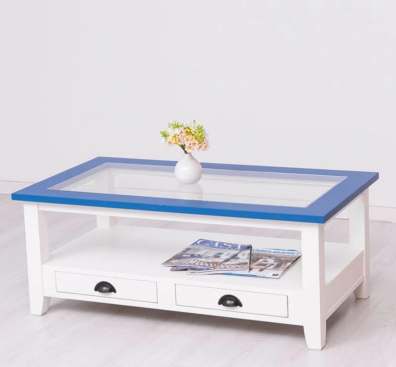 Glas-Couchtisch aus Massivholz mit zwei Schubladen