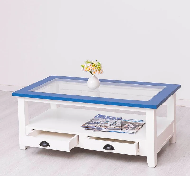 Glas-Couchtisch aus Massivholz mit zwei Schubladen