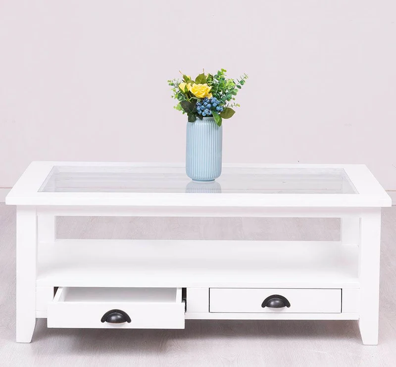 Glas-Couchtisch aus Massivholz mit zwei Schubladen