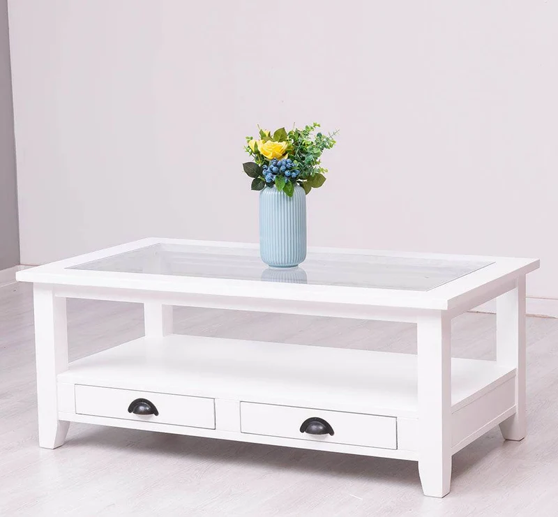 Glas-Couchtisch aus Massivholz mit zwei Schubladen