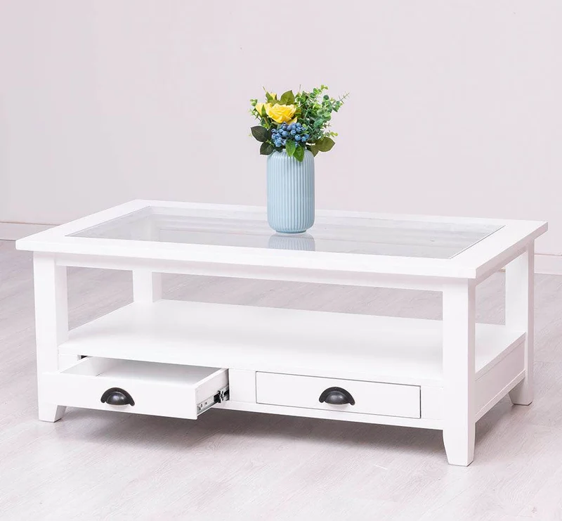 Glas-Couchtisch aus Massivholz mit zwei Schubladen