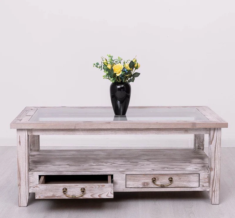 Glas-Couchtisch aus Massivholz mit zwei Schubladen