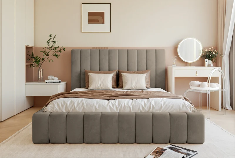 Polsterbett 180x200 cm Fiarro mit Bettkasten, grau-beiger Samt, Metallrahmen