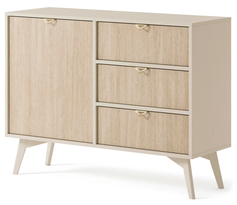 Favoria Kommode mit einer Tür und Schubladen, 106 cm, beige/Scandi Fischgrätmuster mit goldenen Griffen