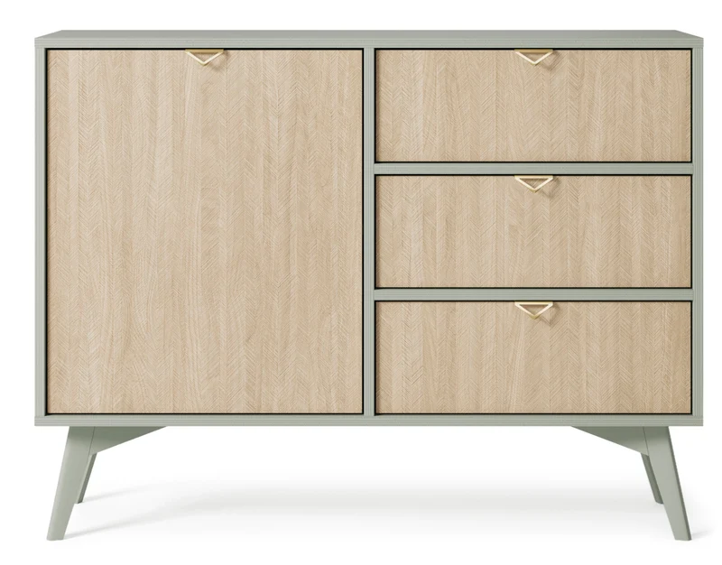 Favoria Kommode mit einer Tür und Schubladen, 106 cm, Eukalyptus/Scandi Fischgrätmuster mit goldenen Griffen