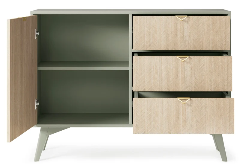 Favoria Kommode mit einer Tür und Schubladen, 106 cm, Eukalyptus/Scandi Fischgrätmuster mit goldenen Griffen