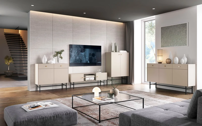 Drehtür-Kommode Divenos mit Schubladen 155 cm Grau-Beige