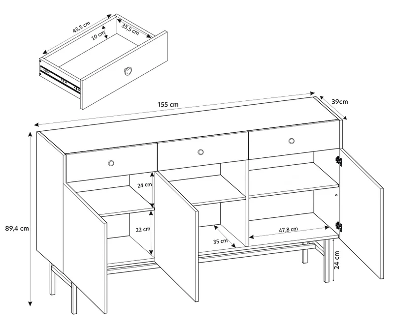 Drehtür-Kommode Divenos mit Schubladen 155 cm Schwarz