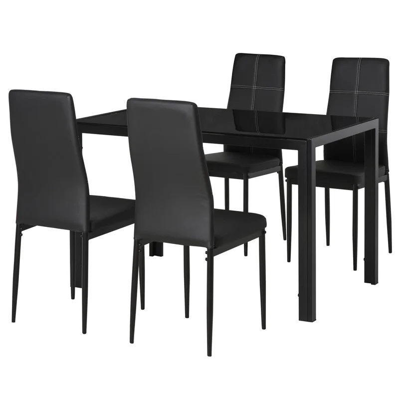 5-Piece Black Glass Dining Table Set – Rectangular Kitchen Table with 4 Faux Leather Chairs (United States & Canada Delivery Only)