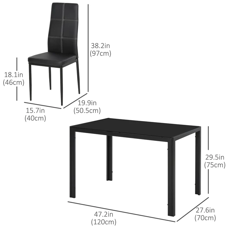 5-Piece Black Glass Dining Table Set – Rectangular Kitchen Table with 4 Faux Leather Chairs (United States & Canada Delivery Only)