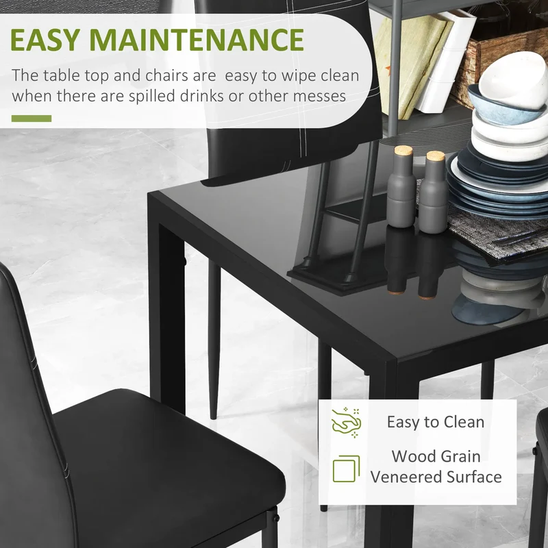5-Piece Black Glass Dining Table Set – Rectangular Kitchen Table with 4 Faux Leather Chairs (United States & Canada Delivery Only)