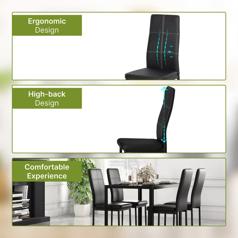 5-Piece Black Glass Dining Table Set – Rectangular Kitchen Table with 4 Faux Leather Chairs (United States & Canada Delivery Only)