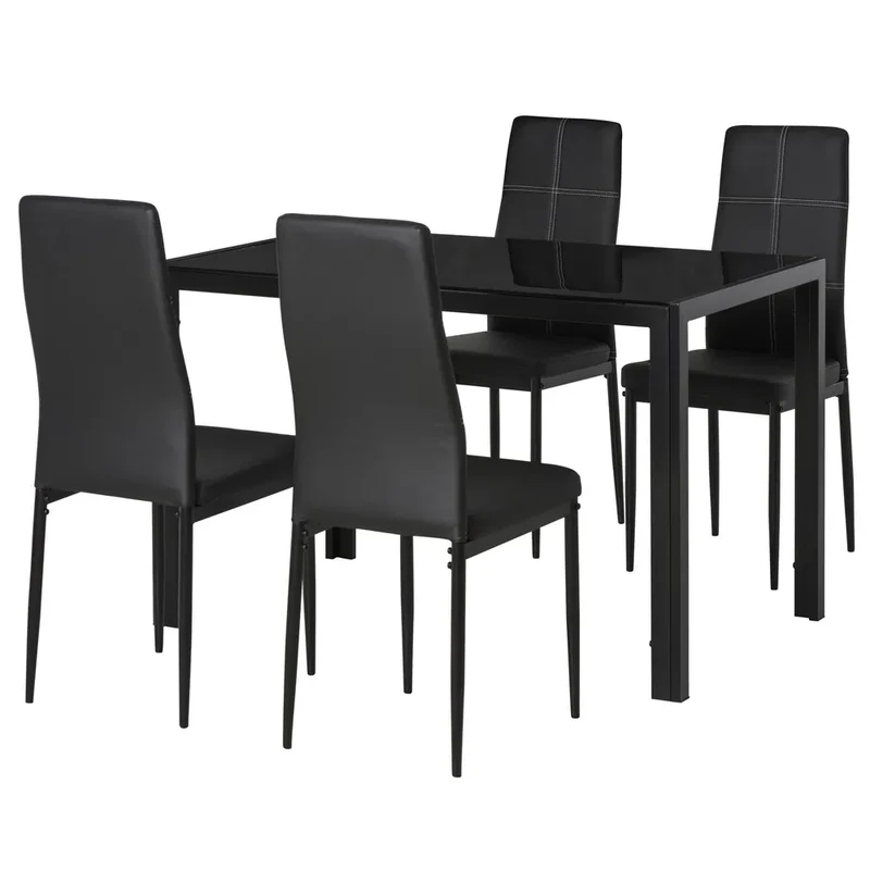 5-Piece Black Glass Dining Table Set – Rectangular Kitchen Table with 4 Faux Leather Chairs (United States & Canada Delivery Only)