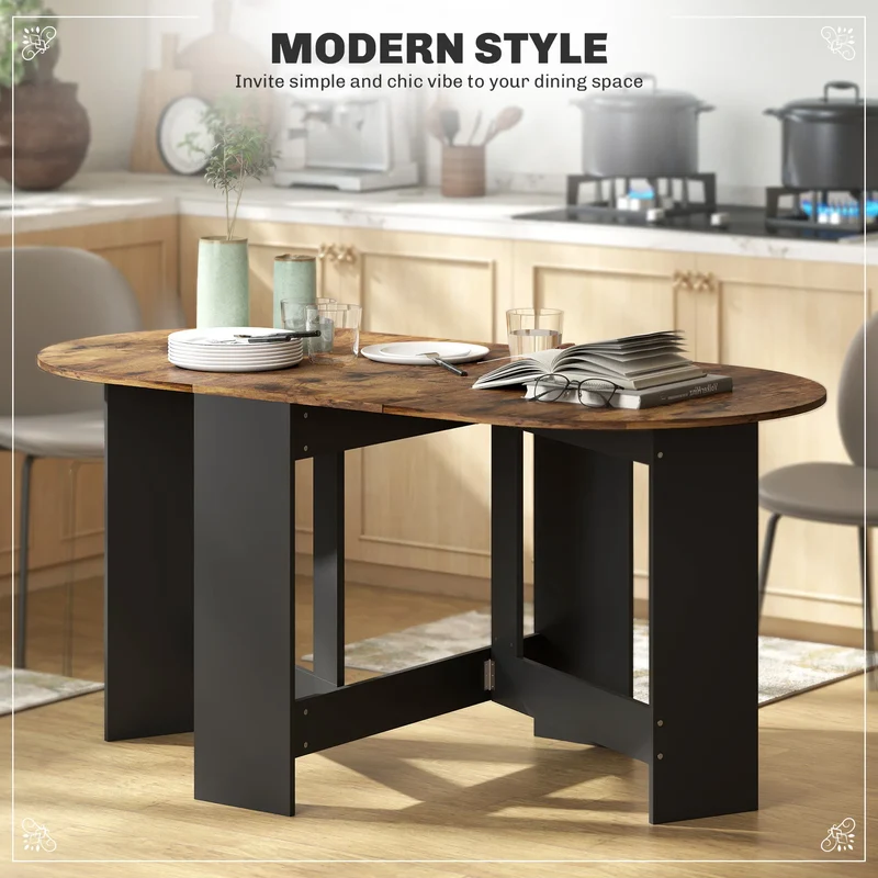 Rustic Brown Oval Folding Dining Table – Space-Saving Drop-Leaf Kitchen Table (United States & Canada Delivery Only)