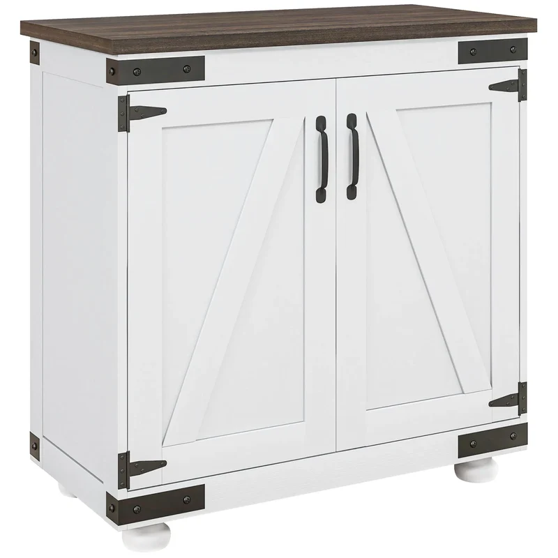 White & Brown Sideboard Buffet Cabinet – Kitchen Storage with Barn Doors & Adjustable Shelves (United States & Canada Delivery Only)