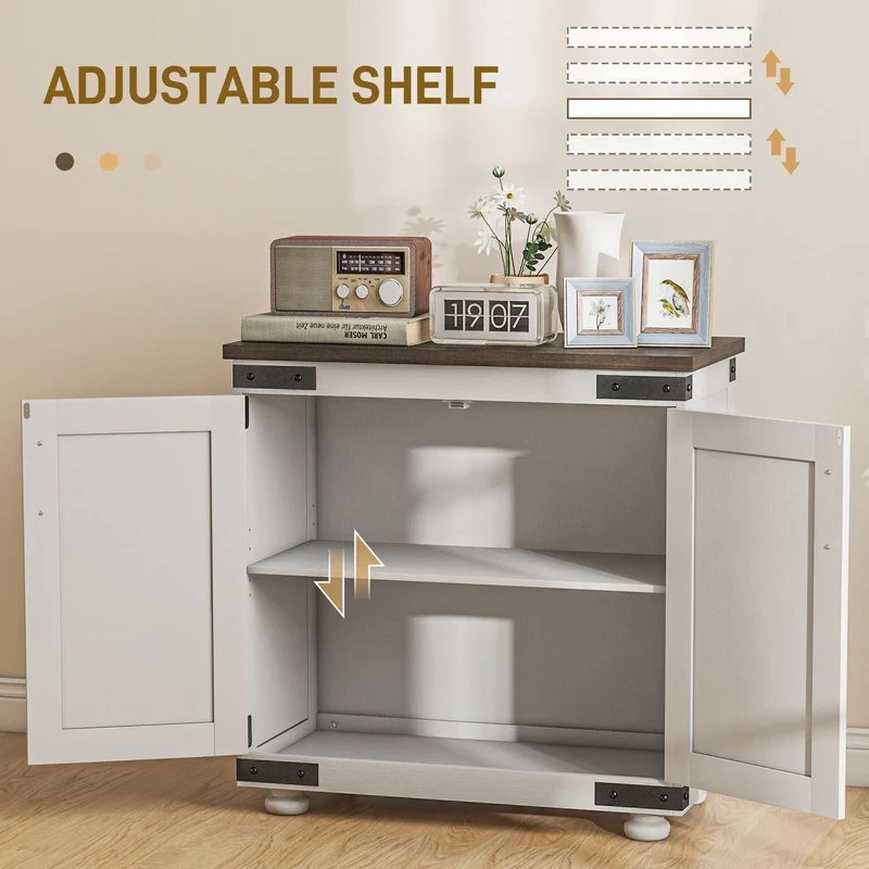 White & Brown Sideboard Buffet Cabinet – Kitchen Storage with Barn Doors & Adjustable Shelves (United States & Canada Delivery Only)