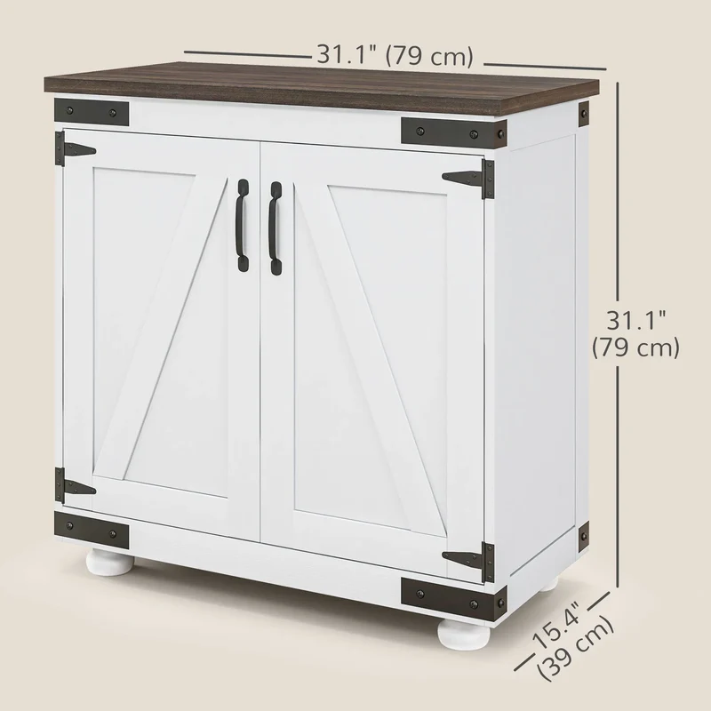 White & Brown Sideboard Buffet Cabinet – Kitchen Storage with Barn Doors & Adjustable Shelves (United States & Canada Delivery Only)